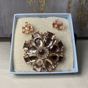 Elegant Gold and Pink Floral Brooch and Earring Set